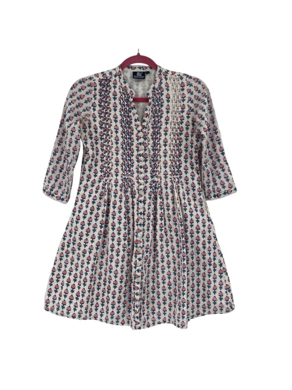 Madison Mathews Size XS Floral Block Print Pintuck 3/4 Sleeve Full Button Dress